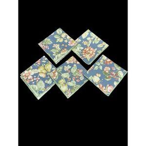 Set of 5 Blue Cotton Napkins Flowers Cherries Pears Apples‎ Raspberries Fruits